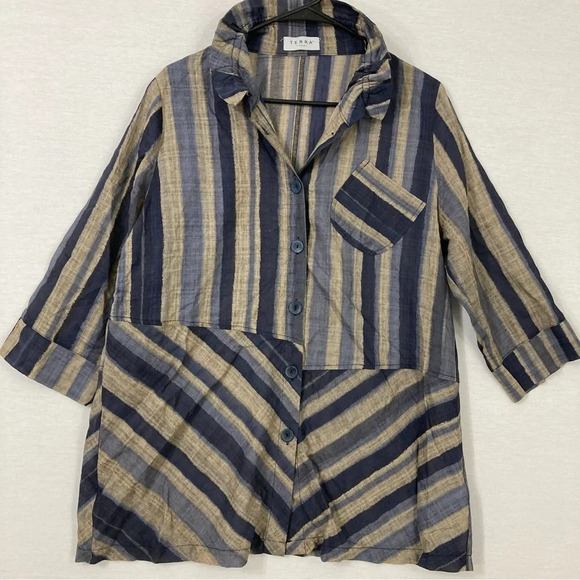 Terra Blue Tan Striped Lagenlook Artsy Button Down Size Medium - Picture 1 of 10